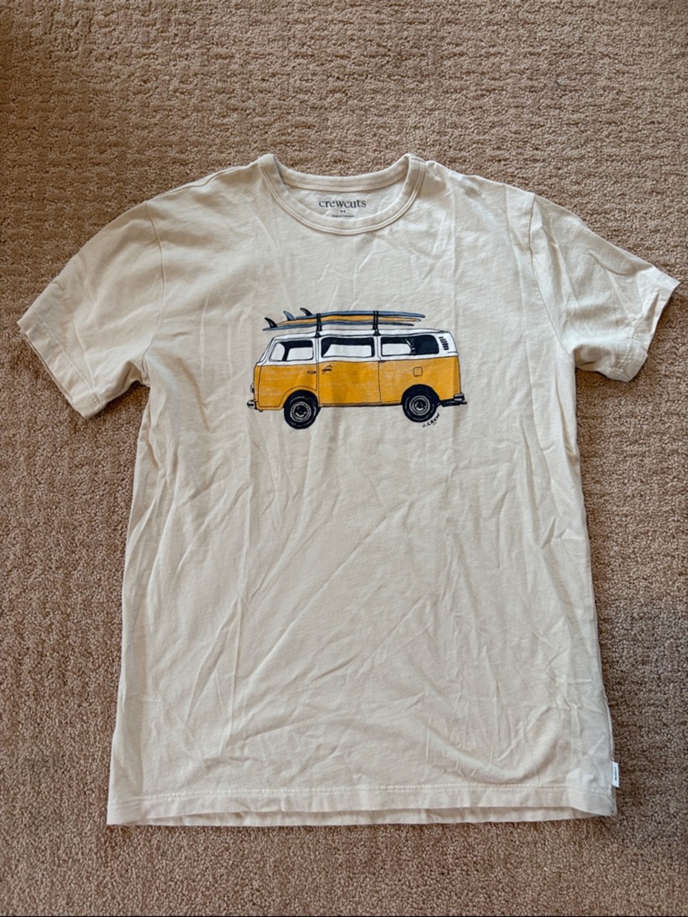 EUC Crewcuts Cream T‑Shirt with Yellow Surf Van Print, size 12-14